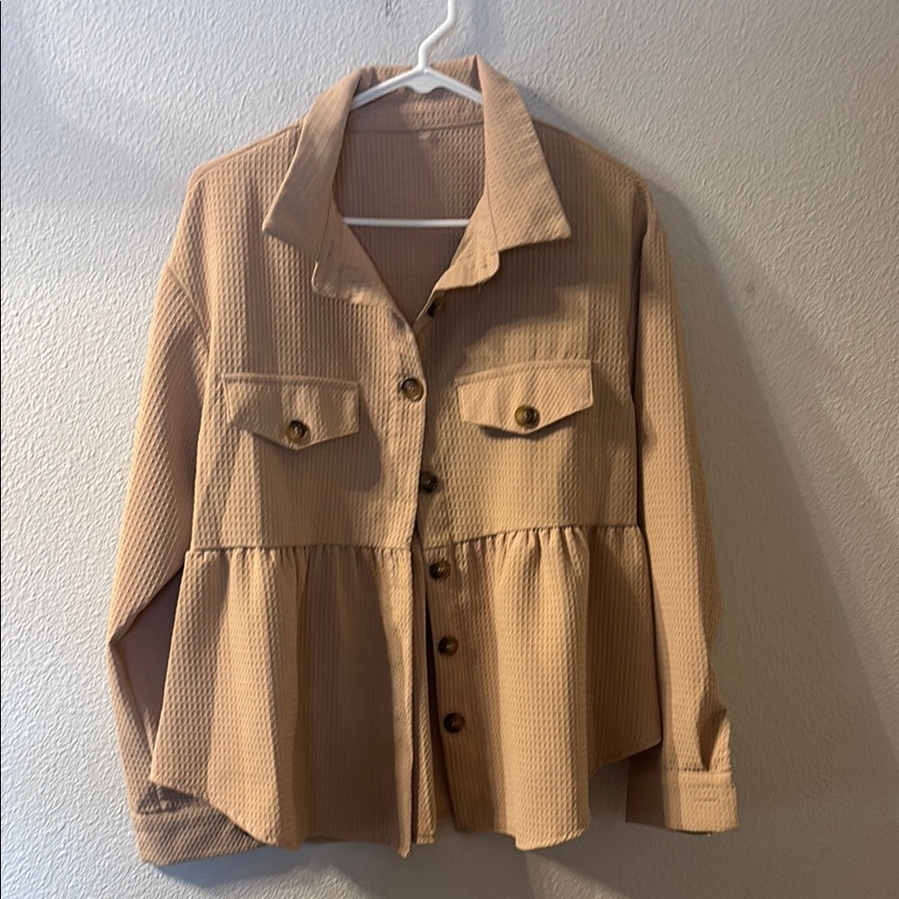 SHEIN Tan Button Down with Peplum Waist